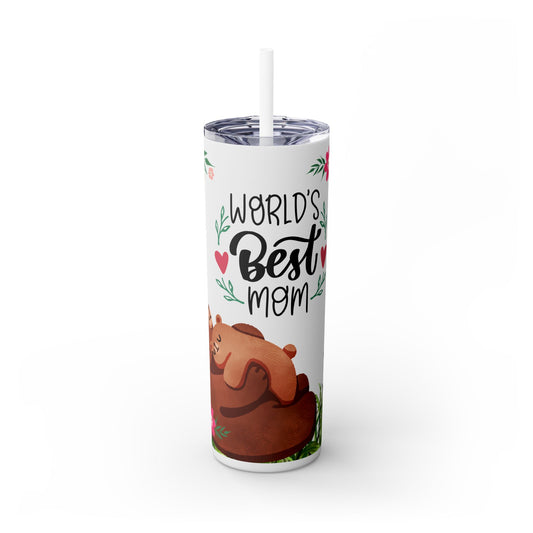 World's Best Mom Skinny Tumbler with Straw - 20oz Floral Bear Design